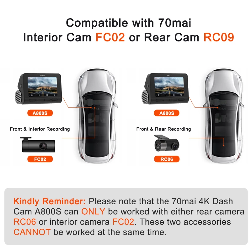 70mai Dash Cam 4K A800S Grabación Dual para Carro WiFi ADAS + Cámara Trasera RC06