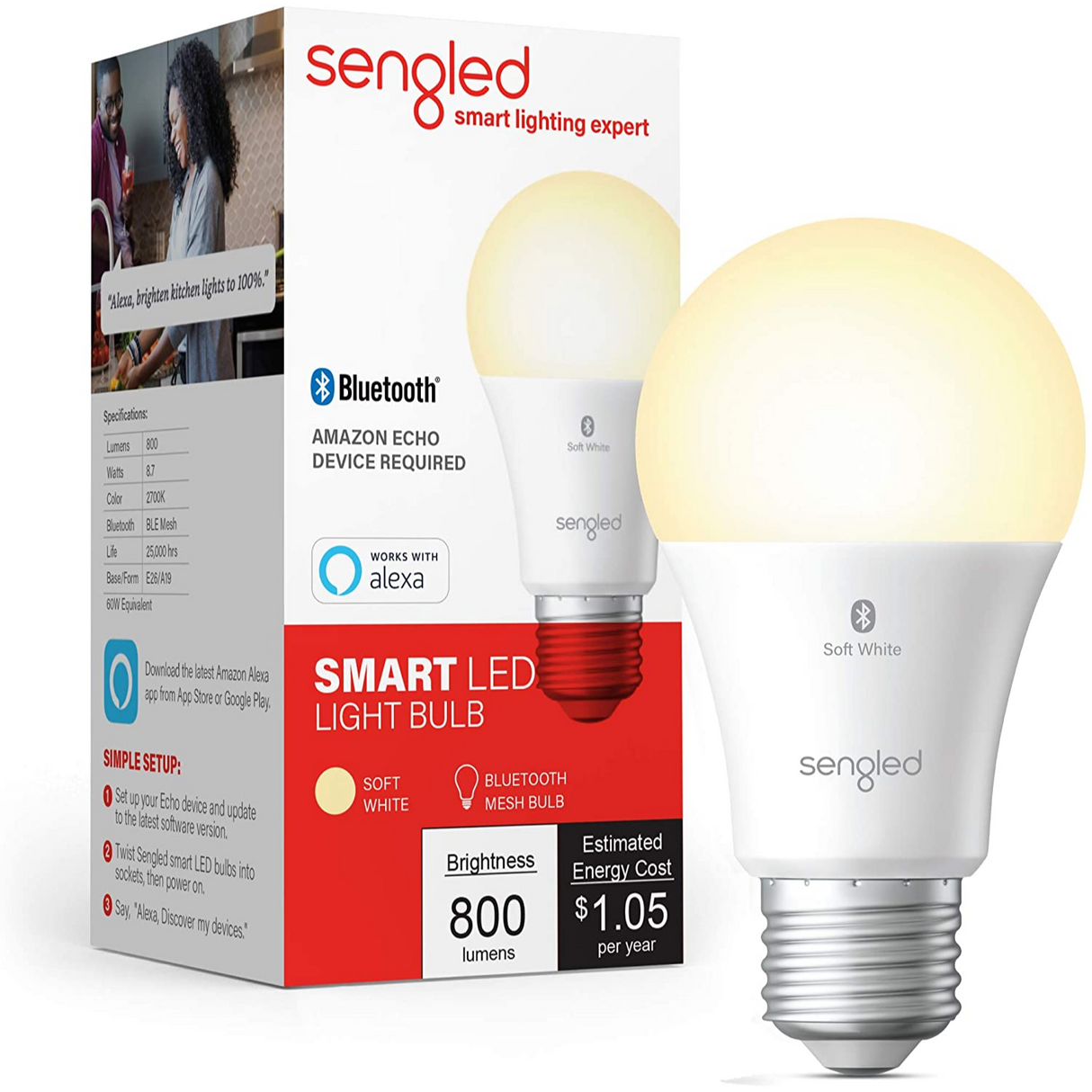 Foco Smart Sengled 800LM Luz Blanca Bluetooth 2700K, 8.7W (60W Equivalente) Funciona con Alexa