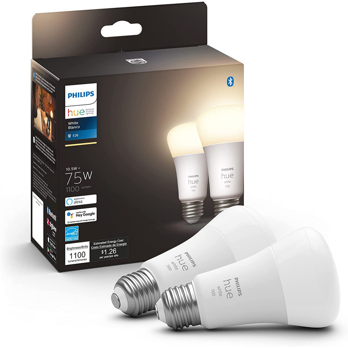 Philips Hue 2-Pack White Foco A19 1100 Lúmenes Bluetooth & Zigbee Funciona con Alexa y Google