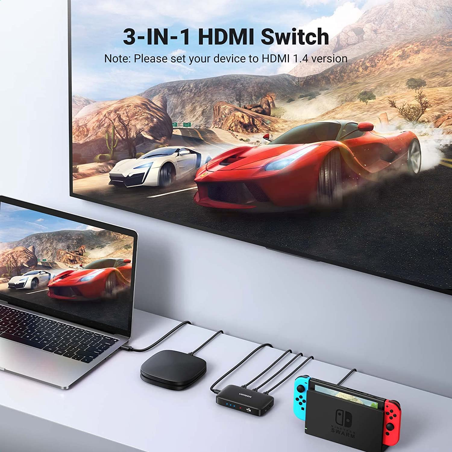 UGREEN Switch HDMI 3 en 1 Salida 4K 30Hz con Control Remoto, compatible con HDR CEC 3D HDCP1.4