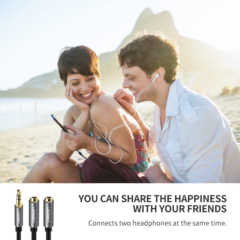 UGREEN 3.5mm Cable Divisor Auriculares, Splitter Macho a 2 Hembras, Adaptador para Doble Auriculares, Carcasa Alumino, 20cm - TecnoMarket