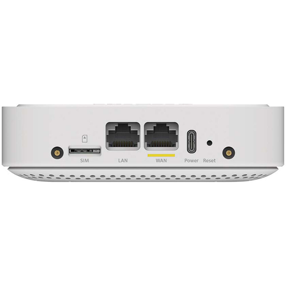 Netgear LM1200 Módem 4G LTE, vista de puertos (SIM, LAN, WAN, alimentación, reinicio)