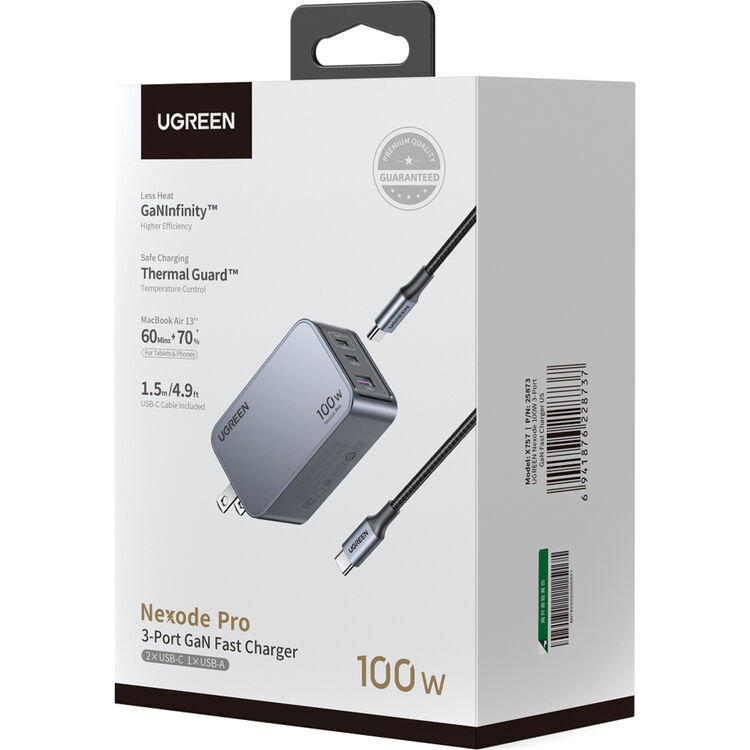 UGREEN Nexode Pro 100W 3 Puertos GaN Cargador Rápido + Cable USB-C