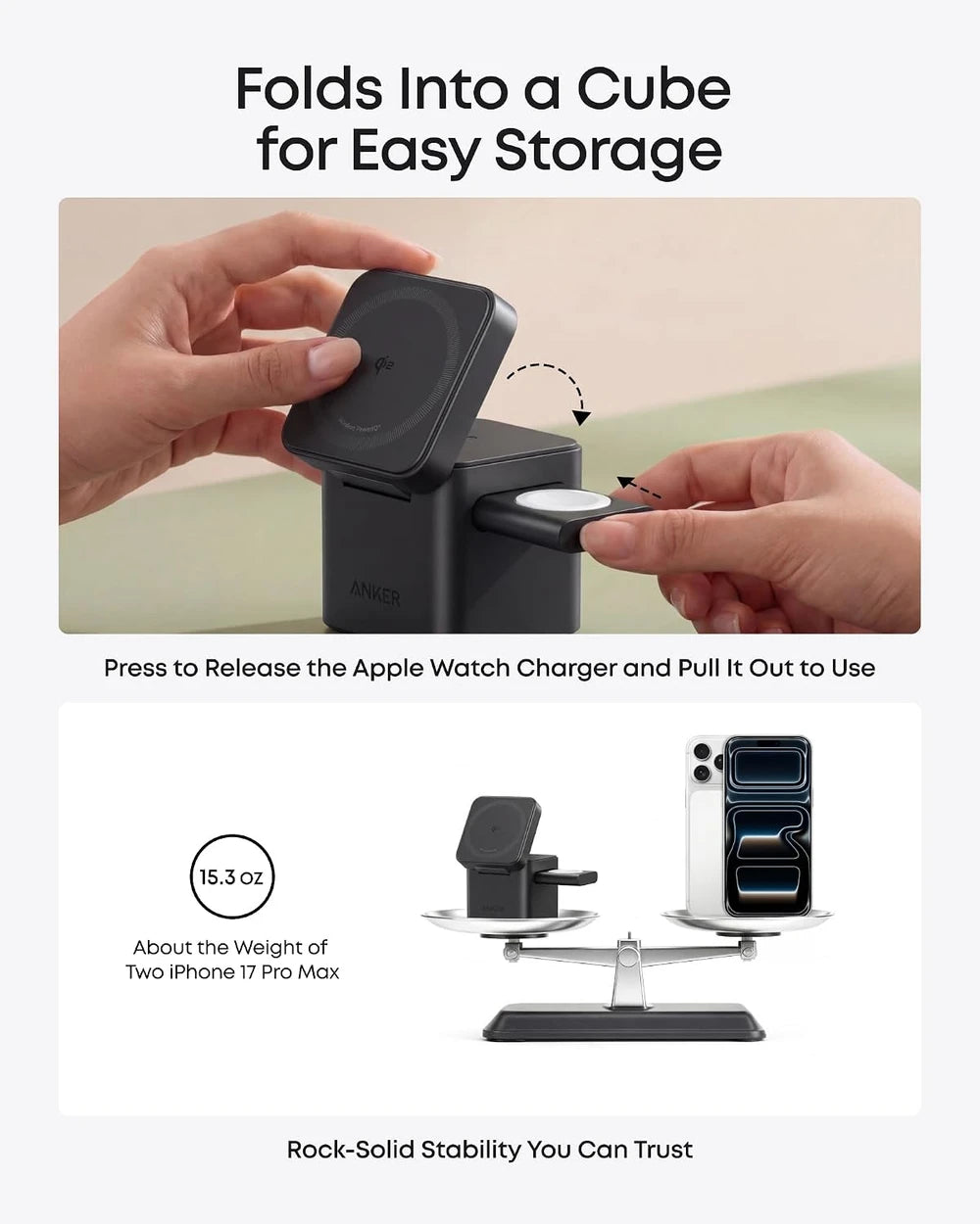 Anker MagGo 3 en 1 Estación de Carga Qi2 15W para iPhone, Apple Watch y AirPods