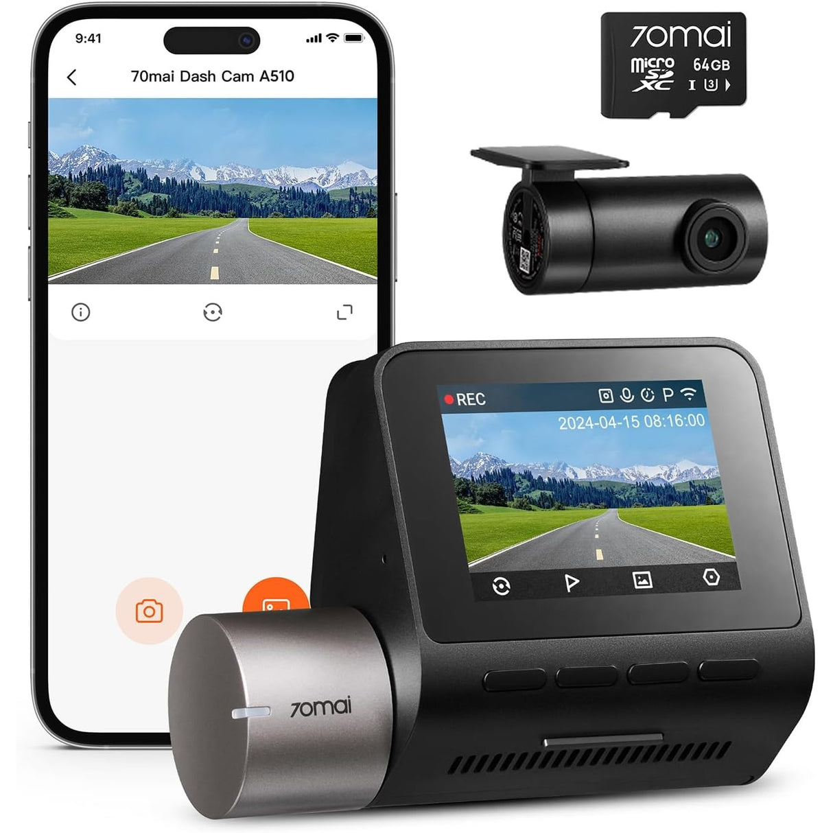 70mai Dash Cam A510 1944P+1080P Grabación Dual para Carro ADAS + Cámara Trasera RC11 + 64GB MicroSD