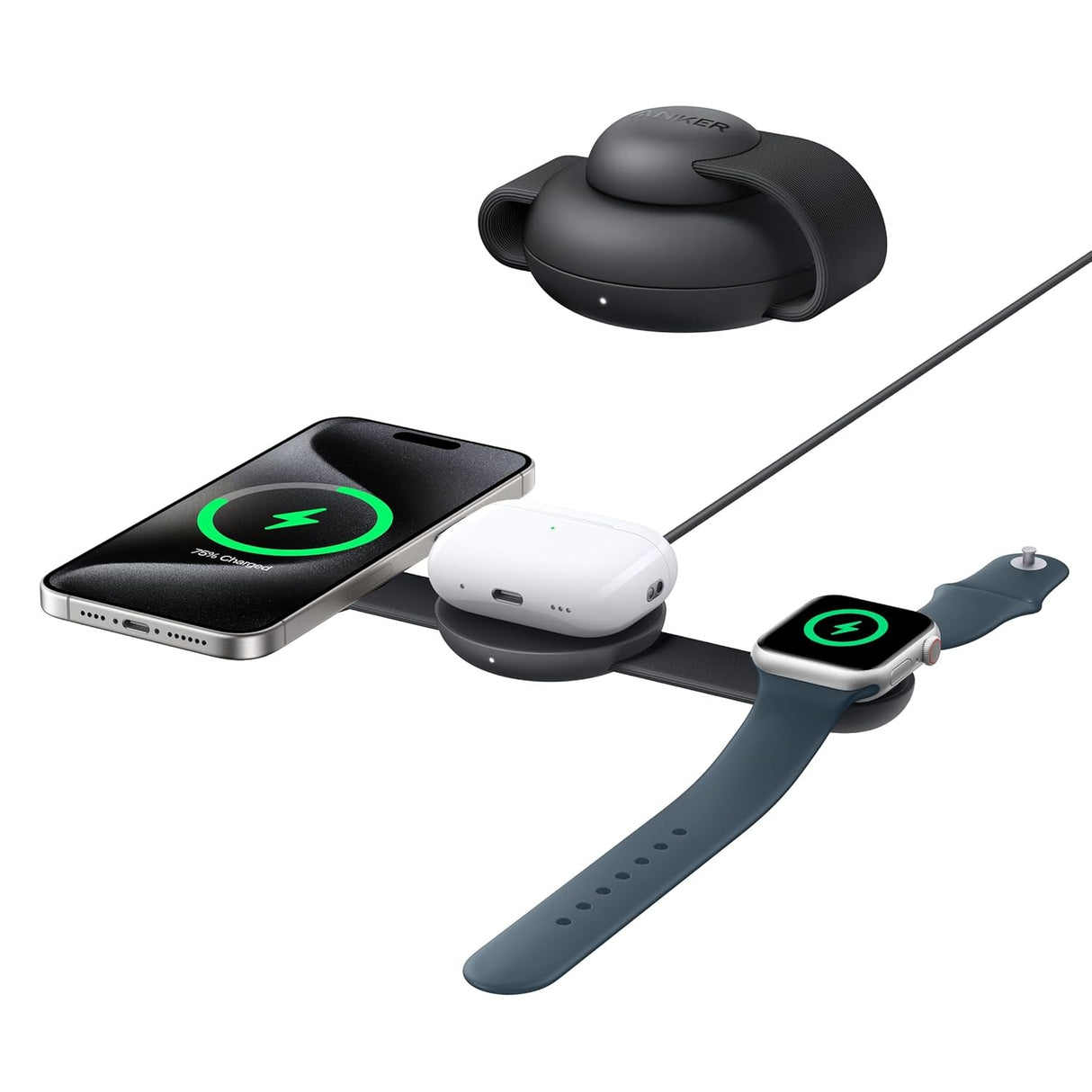 Anker MagGo Estación de Carga MagSafe (3 en 1 plegable) 15W Qi2 AirPods Watch con Adaptador y Cable para iPhone 12 al 17