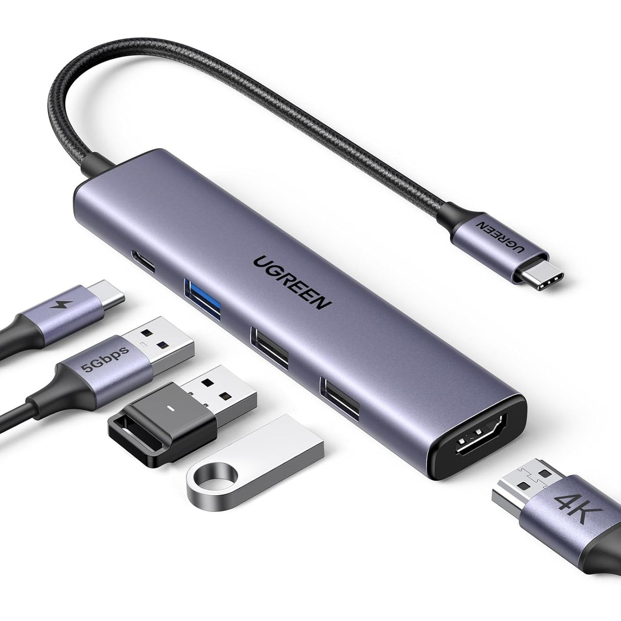 UGREEN Revodok 105 USB-C Hub 5 en 1 Adaptador 4K HDMI 100W Power Delivery, 3 Puertos USB, para MacBook, iPad, iPhone 15, Dell