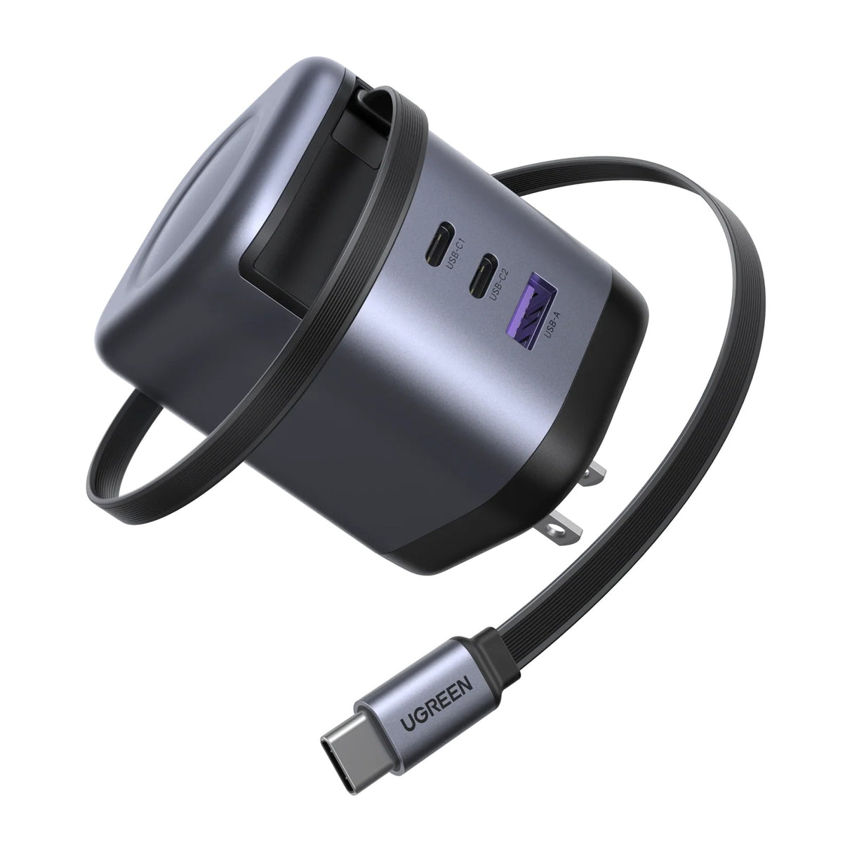 UGREEN Nexode 100W GaN Cargador con Cable USB-C Retráctil y 3 Puertos