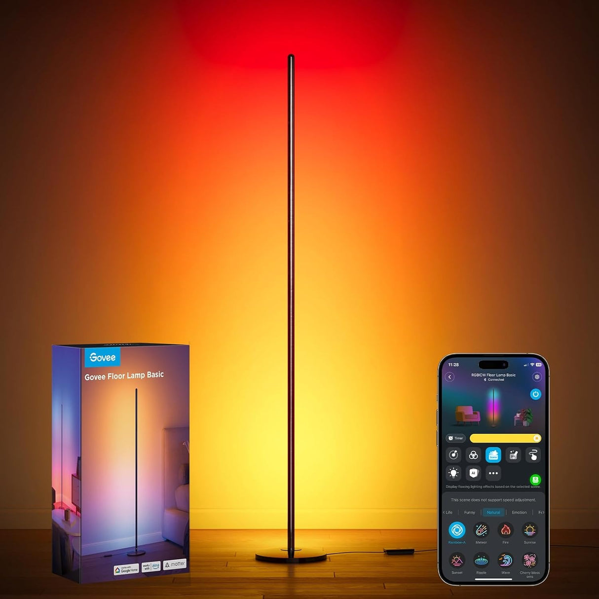 Govee Floor Lamp Basic RGBIC Lámpara de Pie 1000lm compatible con SmartThings, Alexa y Matter