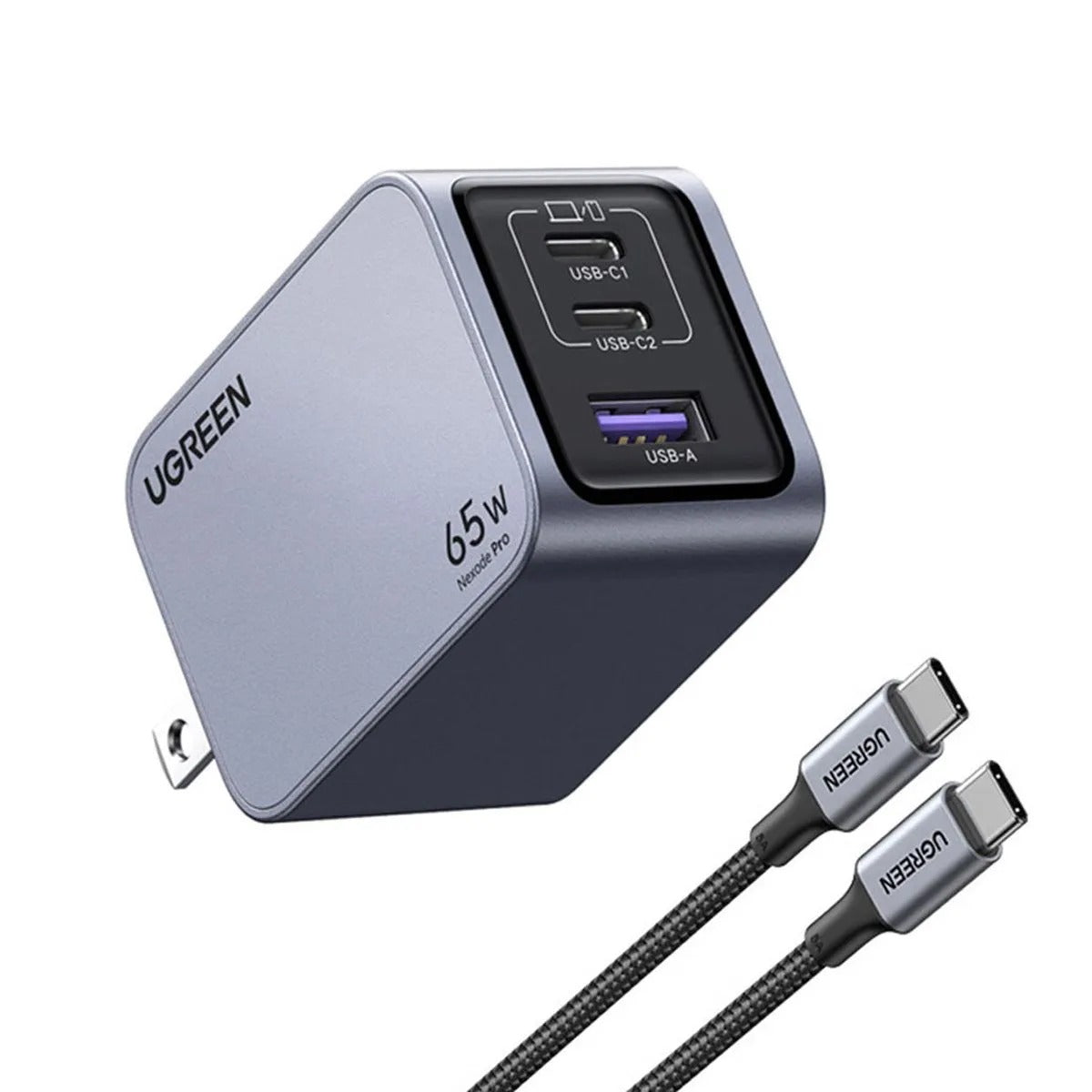 UGREEN 65W Nexode Pro 3 Puertos GaN Cargador Rápido con Cable USB-C 1.5 Metros