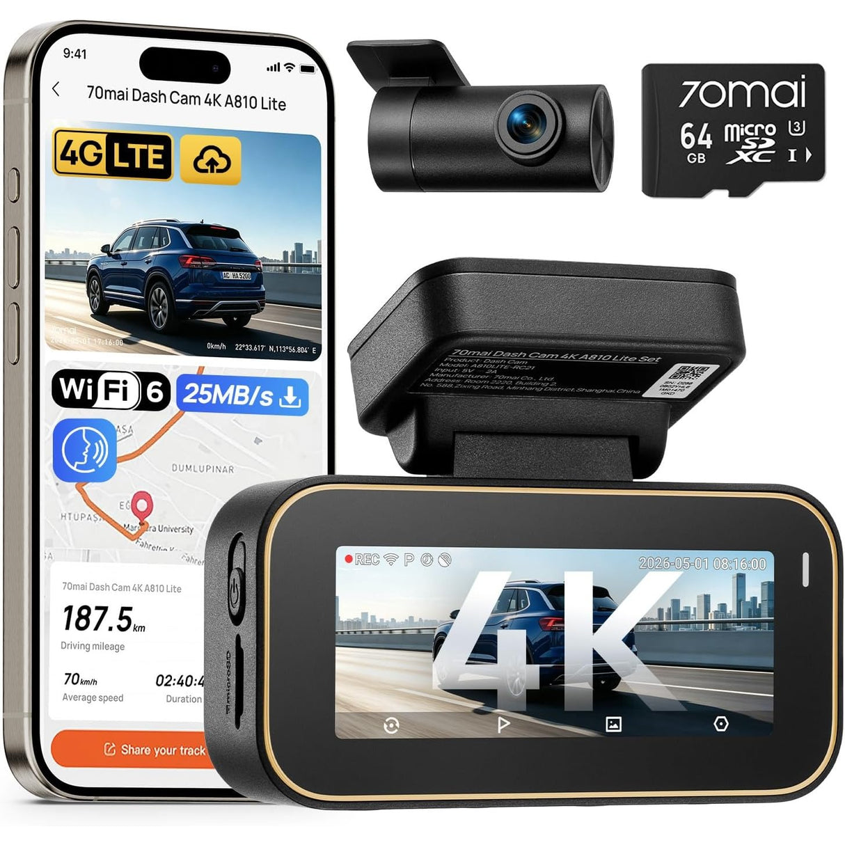 70mai 4K A810 Lite Set Dash Cam Frontal + Trasera + Control por Voz + 64GB MicroSD Soporta 4G LTE