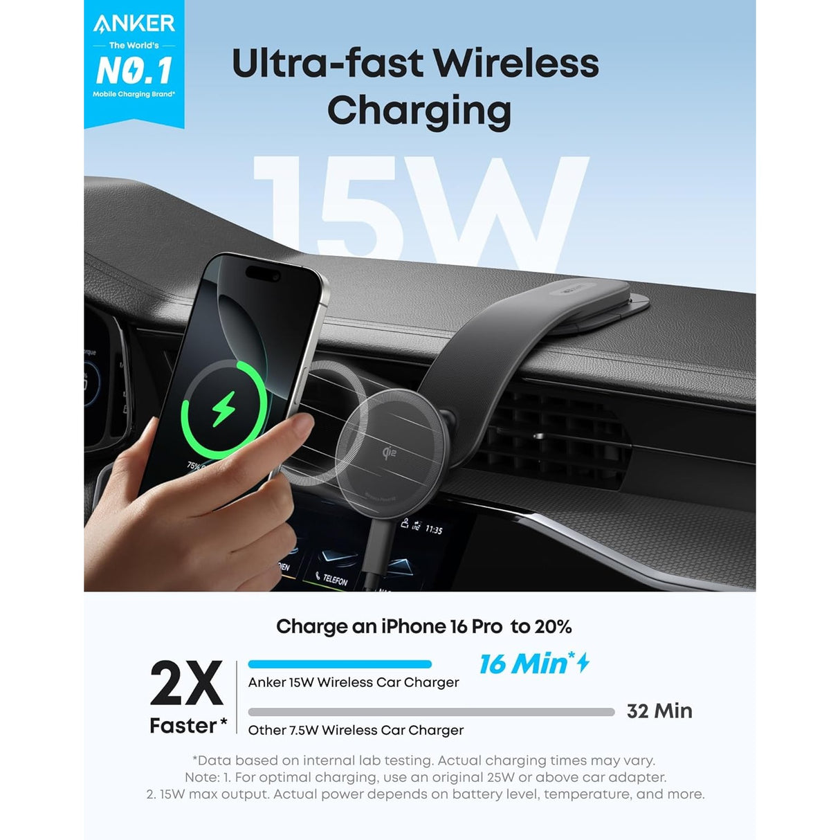 Anker Nano Wireless Car Charger MagSafe Qi2 15W con Adaptador y Cable para iPhone 12 al 17 Series