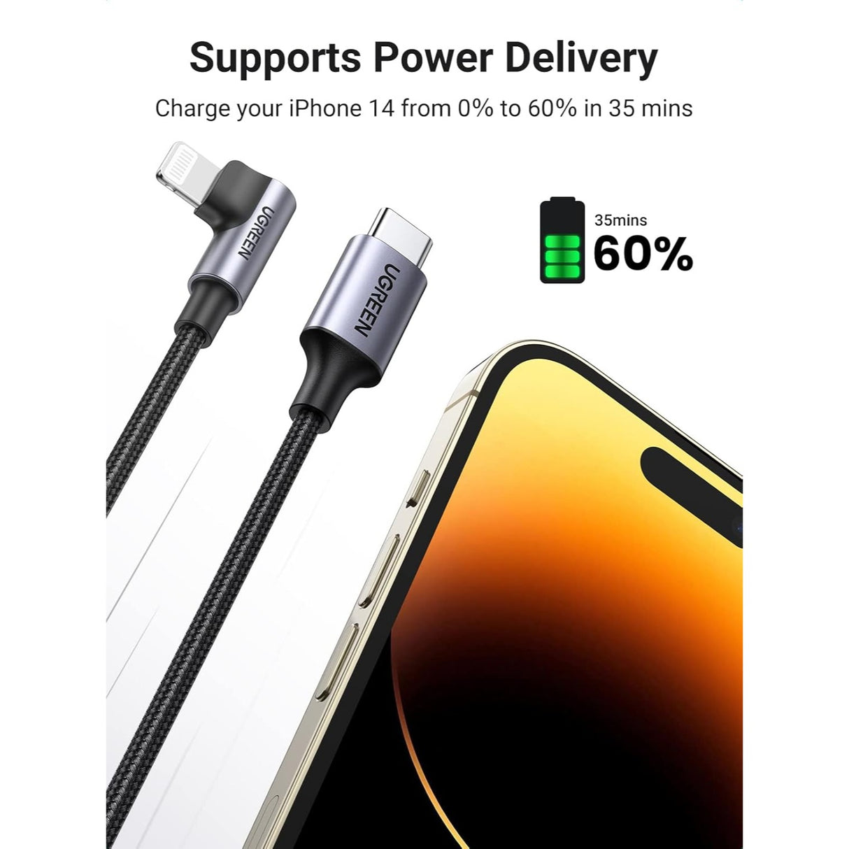 UGREEN Cable Lightning 90 grados a USB-C Certificado MFi de 1.82 metros para iPhone 8 al 14 Series, iPad, AirPods