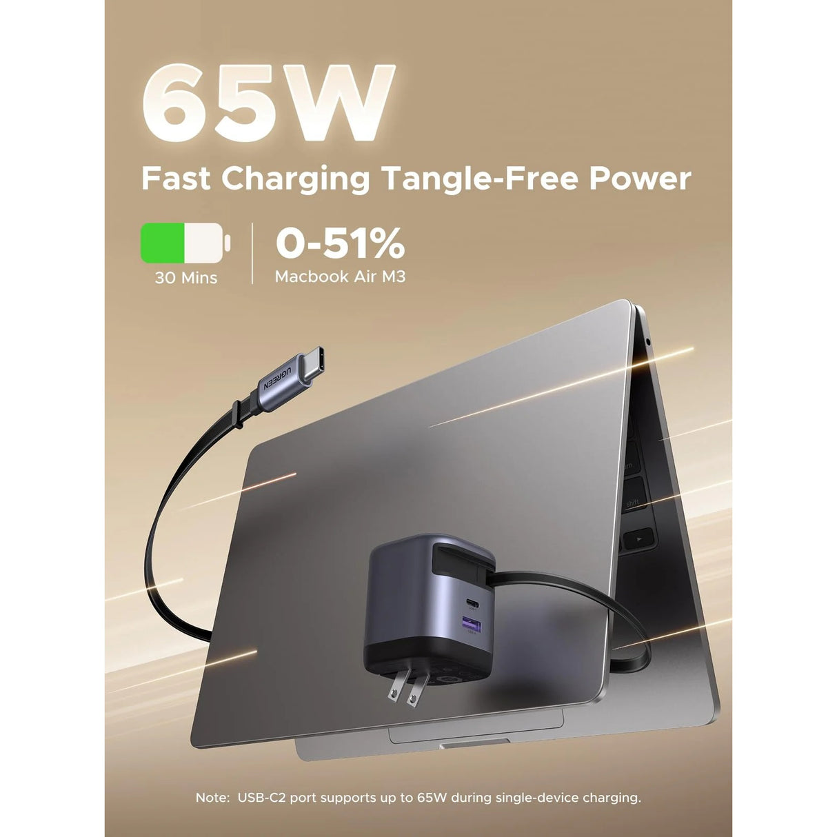 UGREEN Nexode 65W GaN Cargador con Cable USB-C Retráctil y 2 Puertos