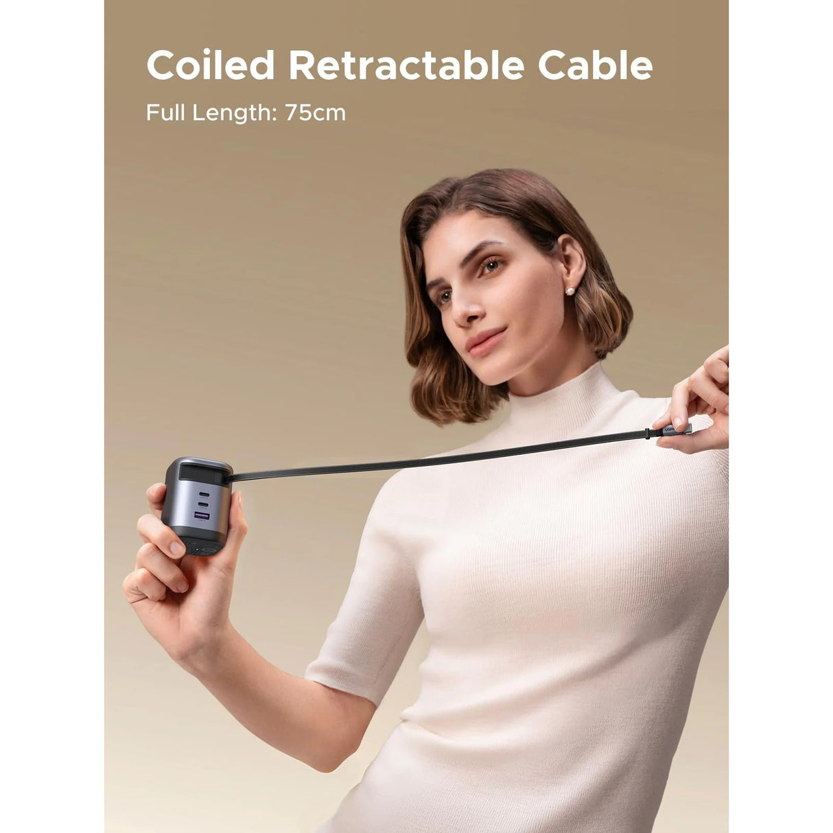 UGREEN Nexode 100W GaN Cargador con Cable USB-C Retráctil y 3 Puertos