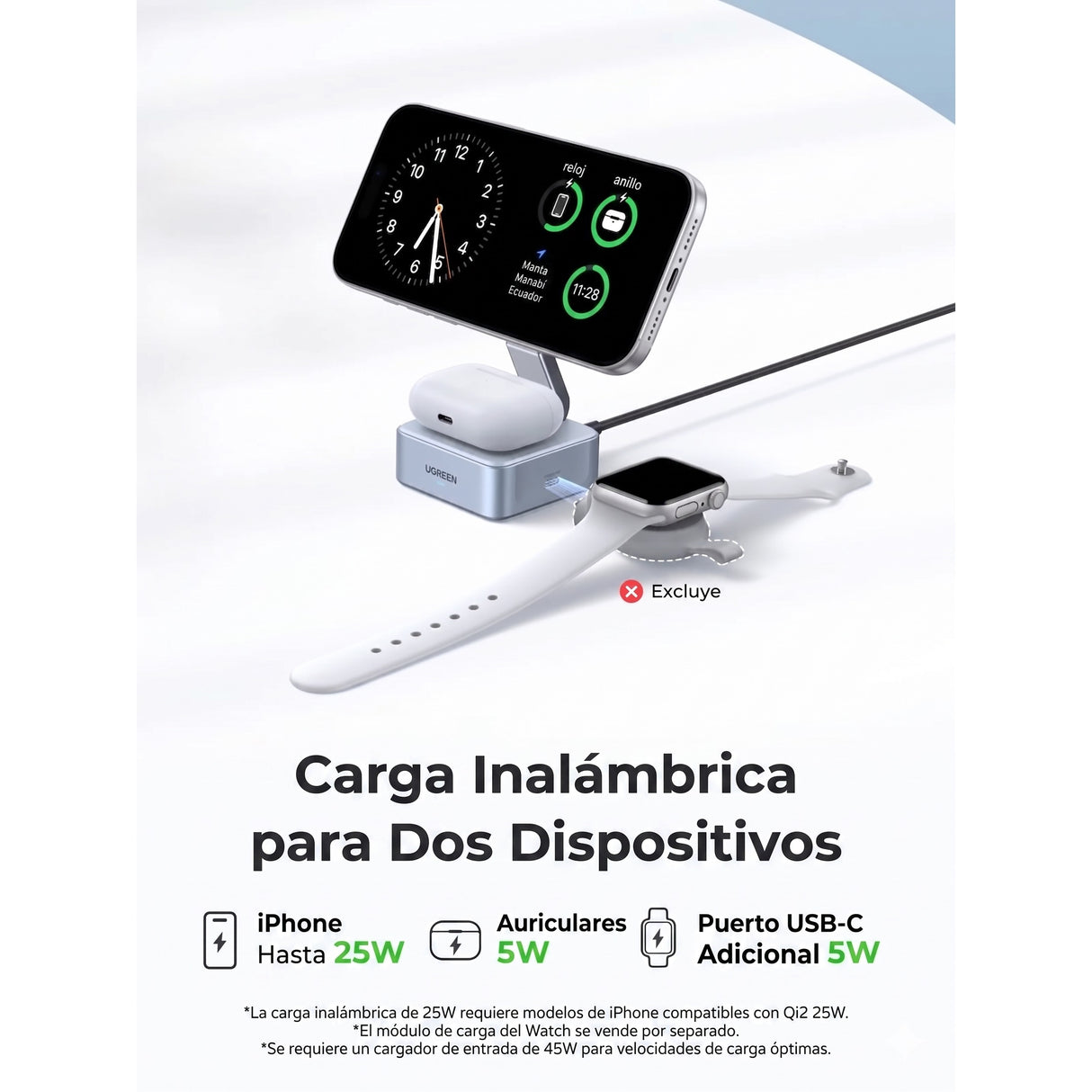UGREEN Qi2 25W MagFlow 2 en 1 Cargador MagSafe Inalámbrico para iPhone 12 al 17 y AirPods