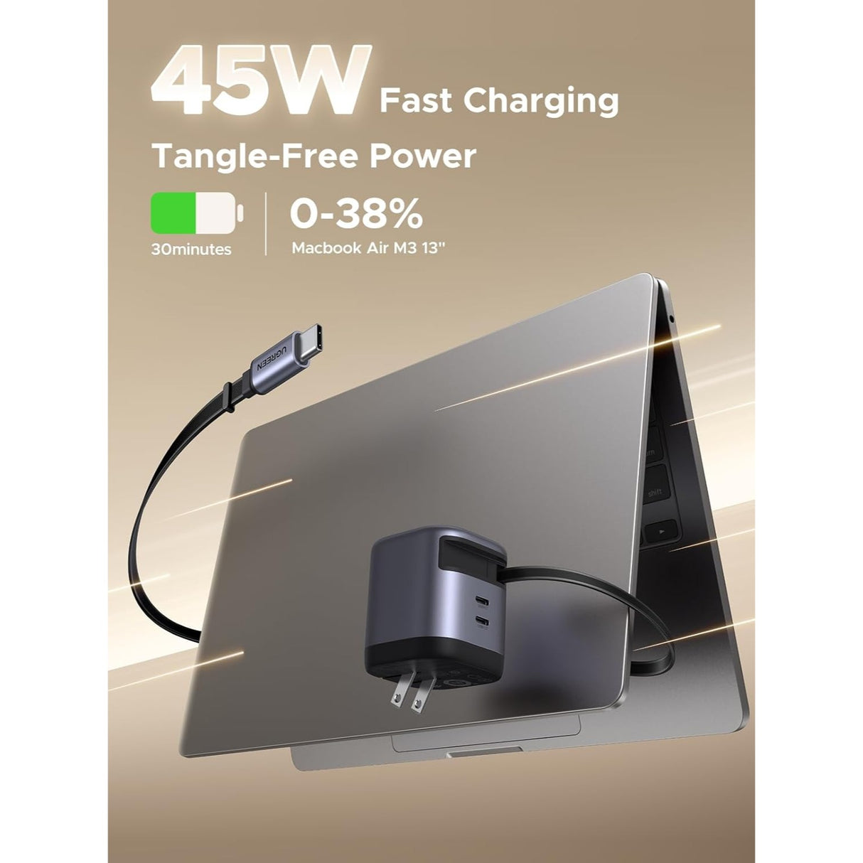 UGREEN Nexode 45W GaN Cargador con Cable USB-C Retráctil y 2 Puertos