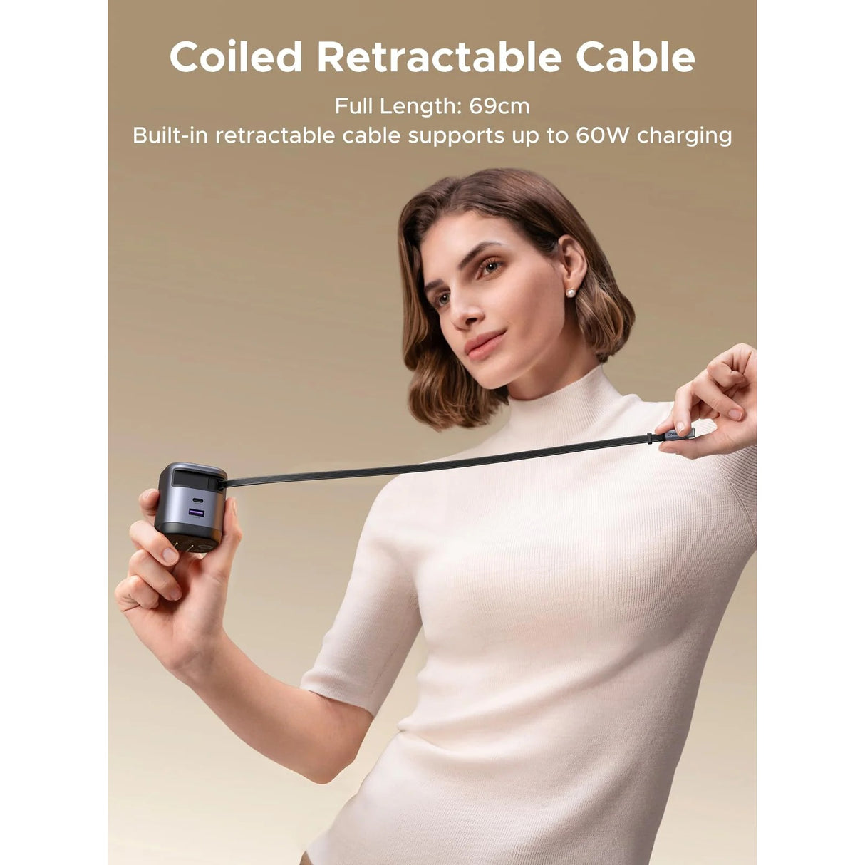 UGREEN Nexode 65W GaN Cargador con Cable USB-C Retráctil y 2 Puertos