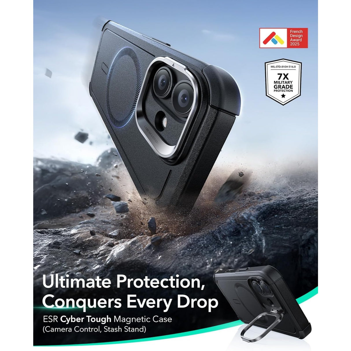 ESR iPhone 17 Cyber Tough Magnetic Case con Stand, MagSafe y Control de Cámara Protección Grado Militar 7X