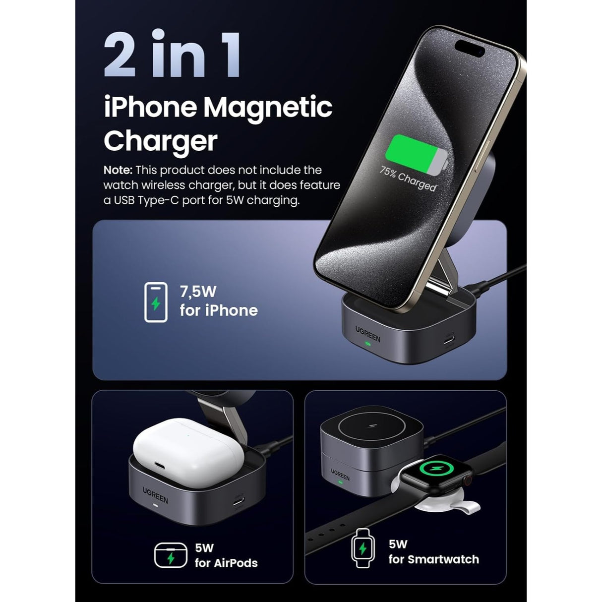 UGREEN Estación Plegable de Carga Magnética 2 en 1 para iPhone 15/14/13/12 y AirPods 3 2 Pro