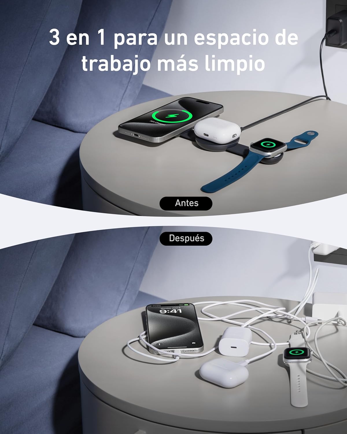 Anker MagGo Estación de Carga MagSafe (3 en 1 plegable) 15W Qi2 AirPods Watch con Adaptador y Cable para iPhone 12 al 17