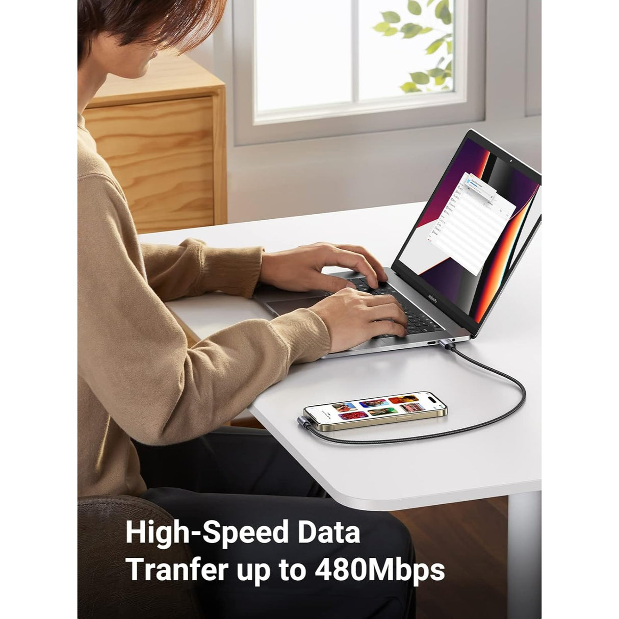 UGREEN Cable Lightning 90 grados a USB-C Certificado MFi de 1.82 metros para iPhone 8 al 14 Series, iPad, AirPods