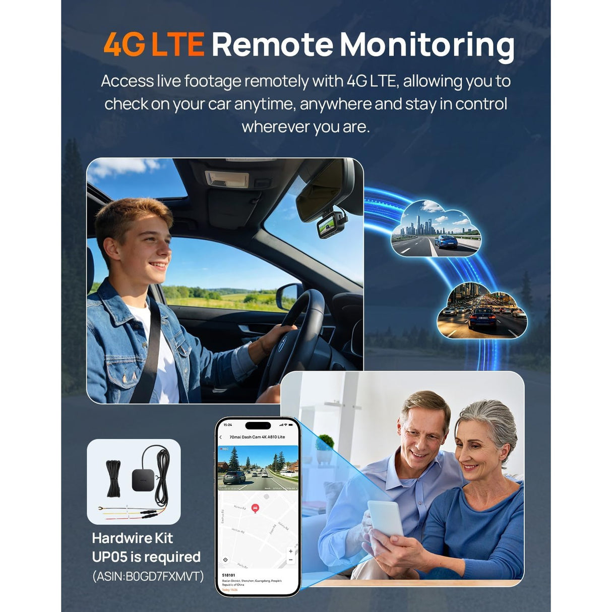 70mai 4K A810 Lite Set Dash Cam Frontal + Trasera + Control por Voz + 64GB MicroSD Soporta 4G LTE