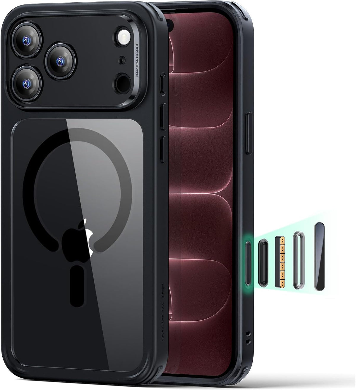 ESR iPhone 18 Pro/17 Pro Classic Hybrid Case con MagSafe y Control de Cámara Protección Grado Militar - Negro Transparente
