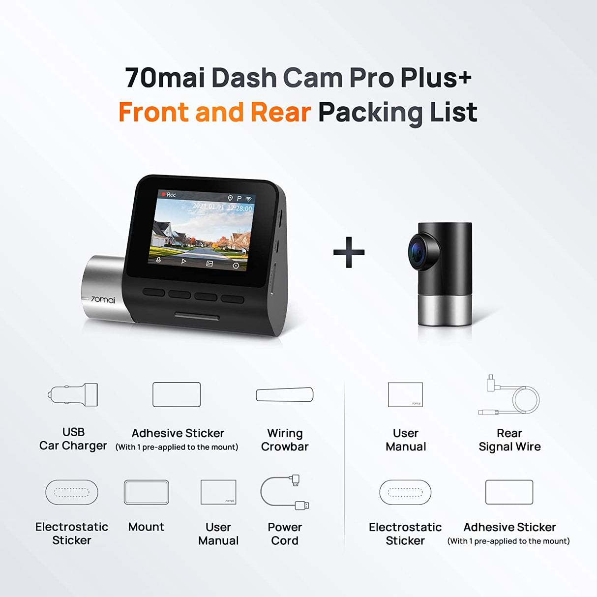 70mai Dash Cam Pro Plus+ A500S 2.7K Cámara Frontal + Trasera para Carro con WiFi y GPS integrado