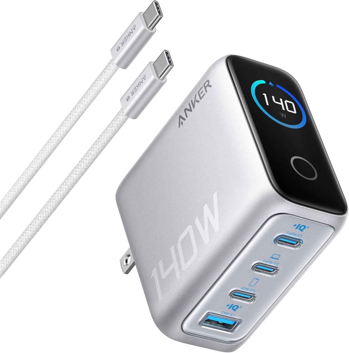 Anker Cargador GaN 140W USB-C 4 Puertos con Pantalla