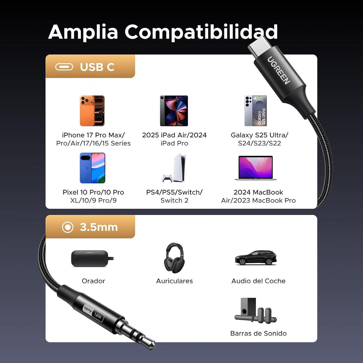UGREEN Cable USB-C a Jack 3.5mm Hi-Res Audio, Adaptador Auxiliar para Auriculares, Nylon Trenzado, Compatible con iPhone, Samsung Galaxy, iPad, MacBook