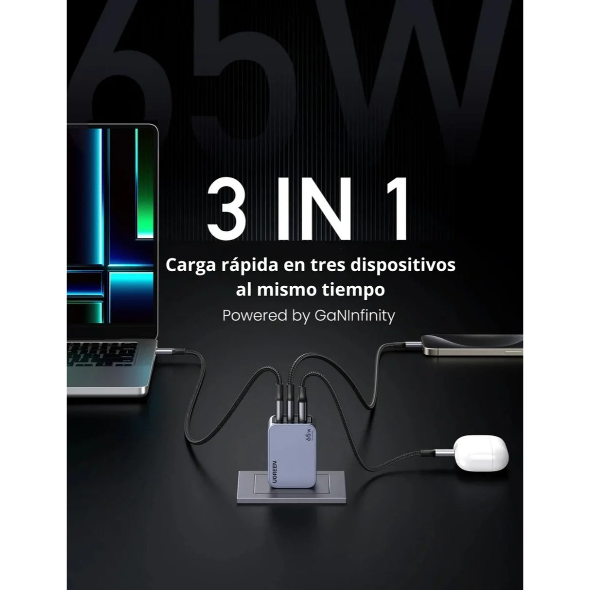 UGREEN 65W Nexode Pro 3 Puertos GaN Cargador Rápido con Cable USB-C 1.5 Metros
