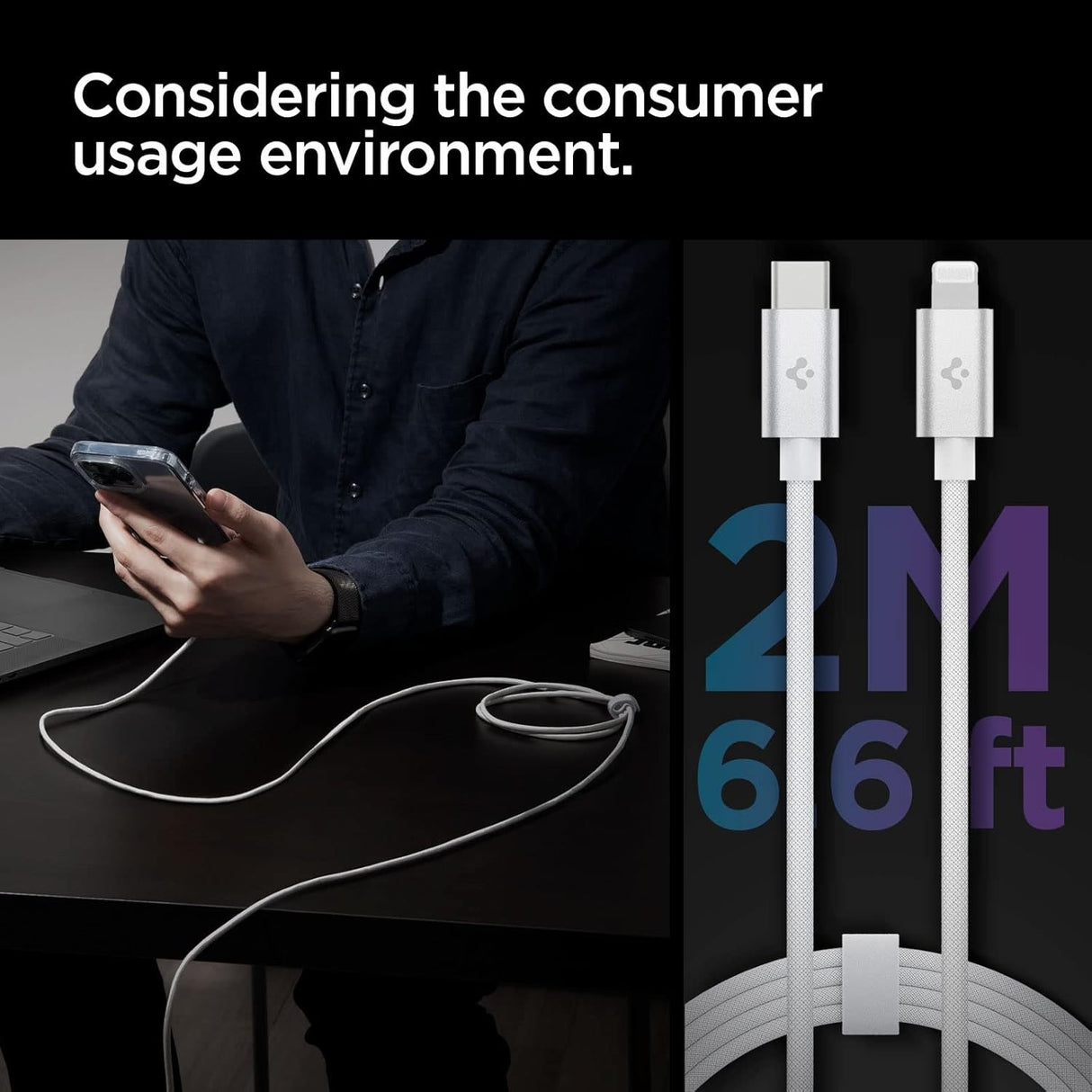 Spigen Cable Lightning a USB-C Certificado MFi de 2 metros para iPhone 8 al 14 Series, iPad, AirPods