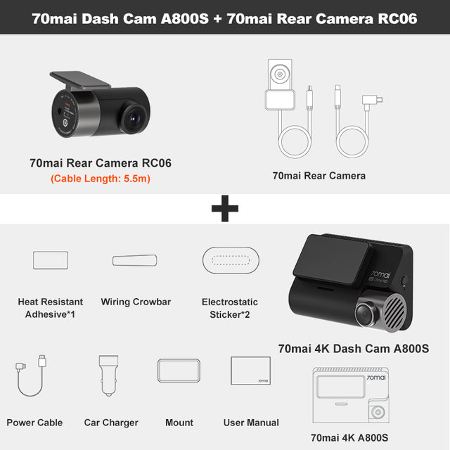 70mai Dash Cam 4K A800S Grabación Dual para Carro WiFi ADAS + Cámara Trasera RC06 + 128GB MicroSD