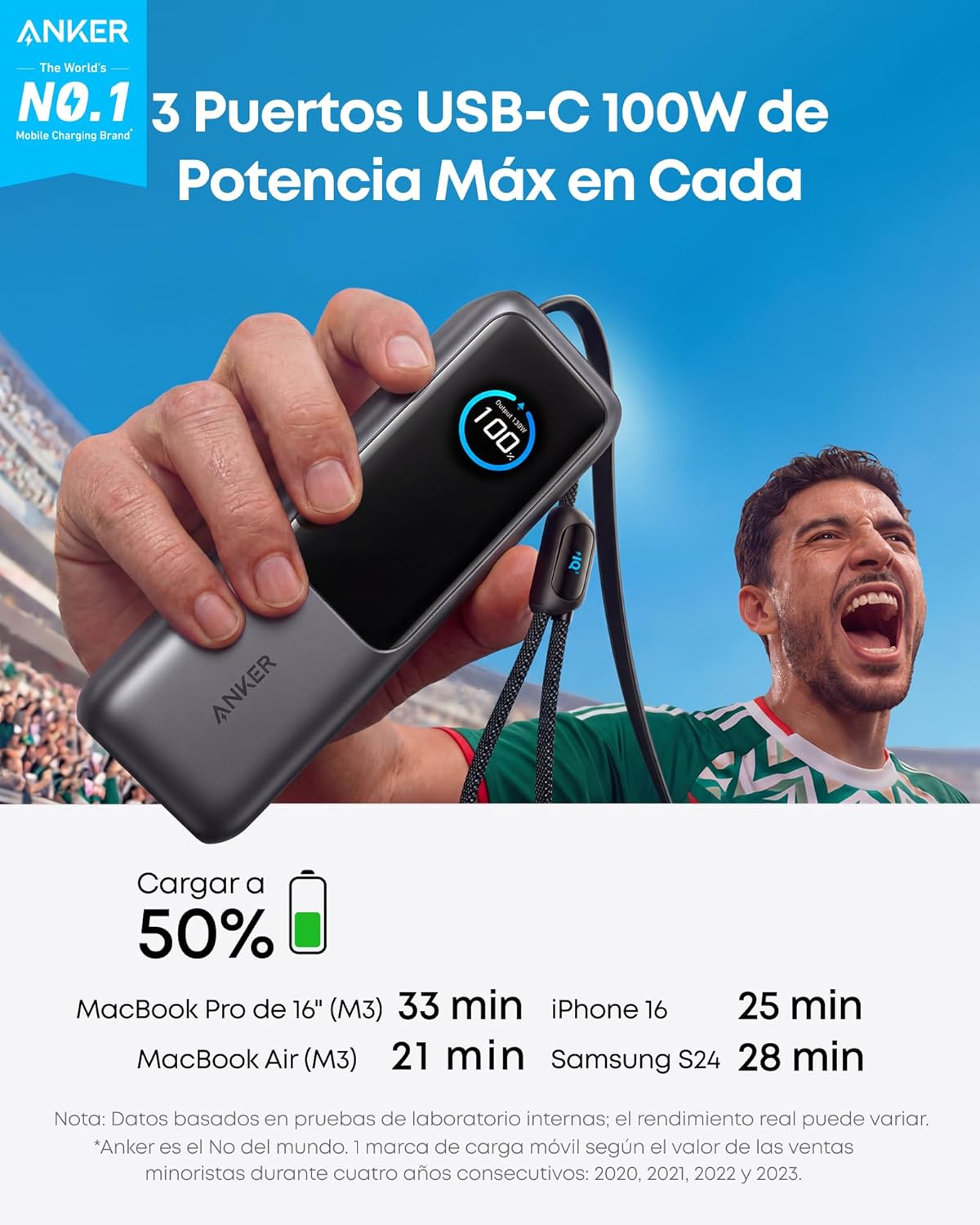 Anker Power Bank 25,000mAh 165W con Cable Integrado y Retráctil