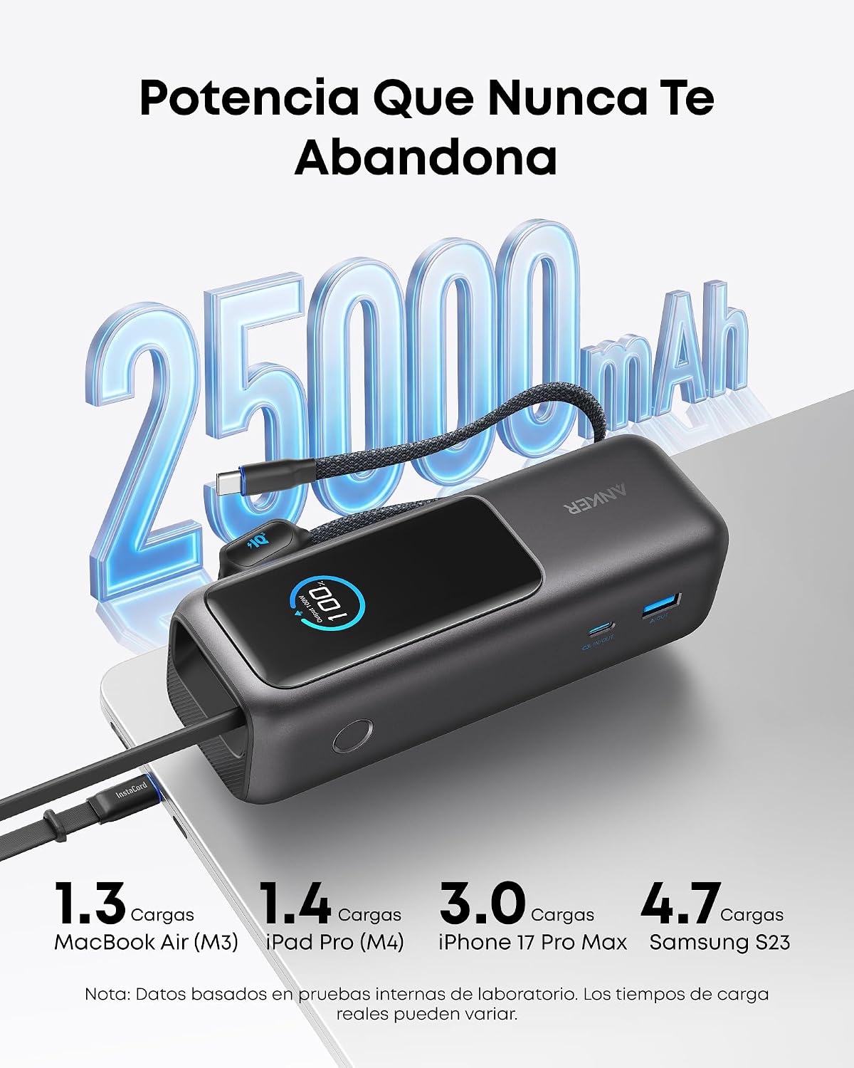Anker Power Bank 25,000mAh 165W con Cable Integrado y Retráctil