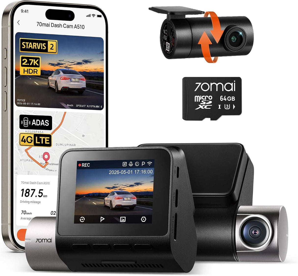 70mai Dash Cam A510 1944P+1080P Grabación Dual para Carro ADAS + Cámara Trasera RC11 + 64GB MicroSD Soporta 4G LTE