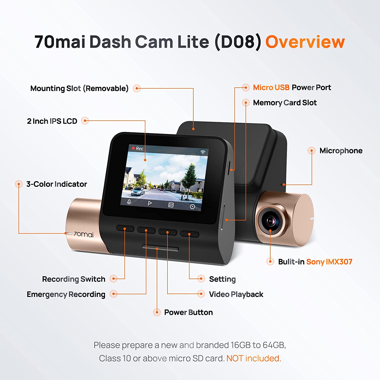 70mai Dash Cam Lite D08 Smart Cámara para Carro Full HD