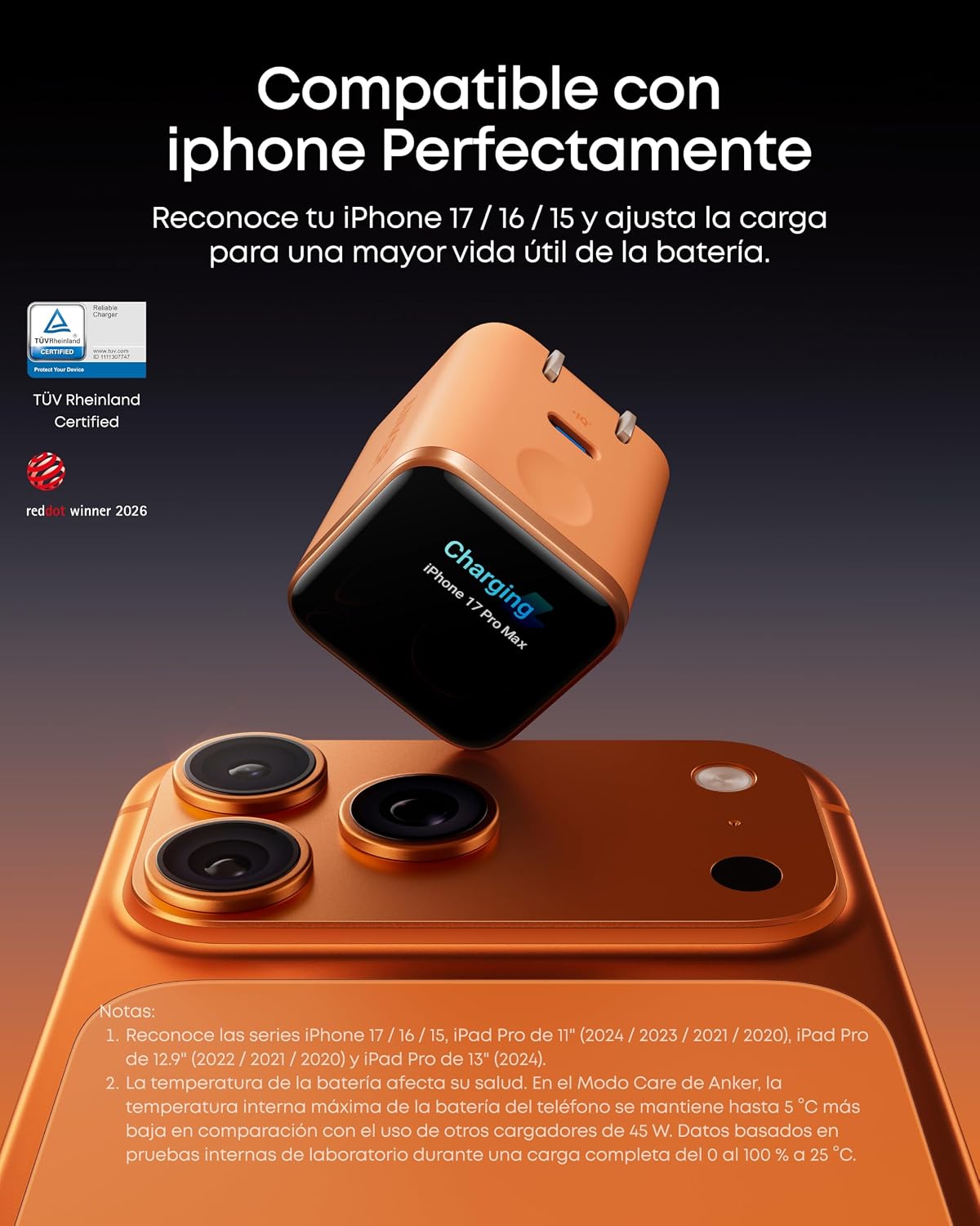 Anker Nano Cargador Inteligente 45W GaN con Pantalla para iPhone 17/16/15 Series