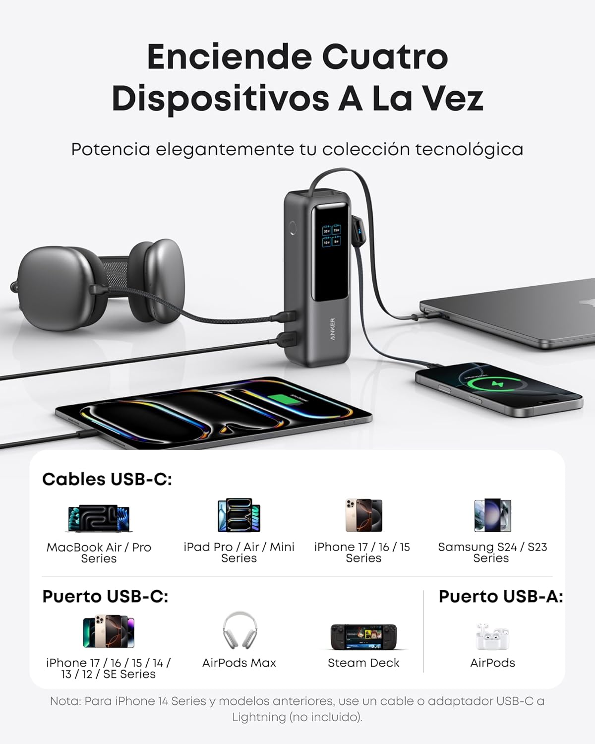 Anker Power Bank 25,000mAh 165W con Cable Integrado y Retráctil