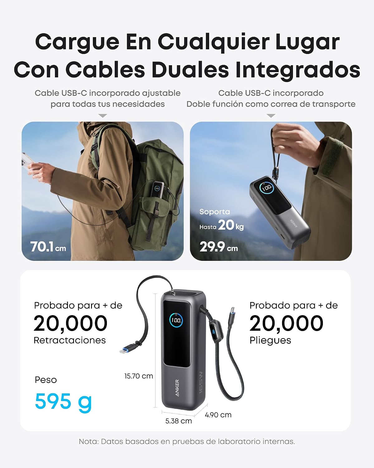 Anker Power Bank 25,000mAh 165W con Cable Integrado y Retráctil