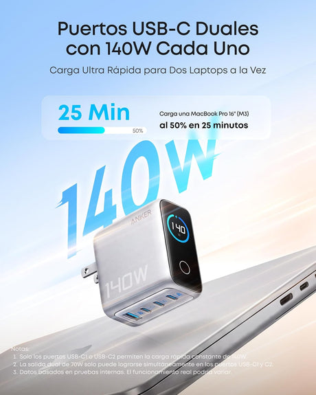 Anker Cargador GaN 140W USB-C 4 Puertos con Pantalla