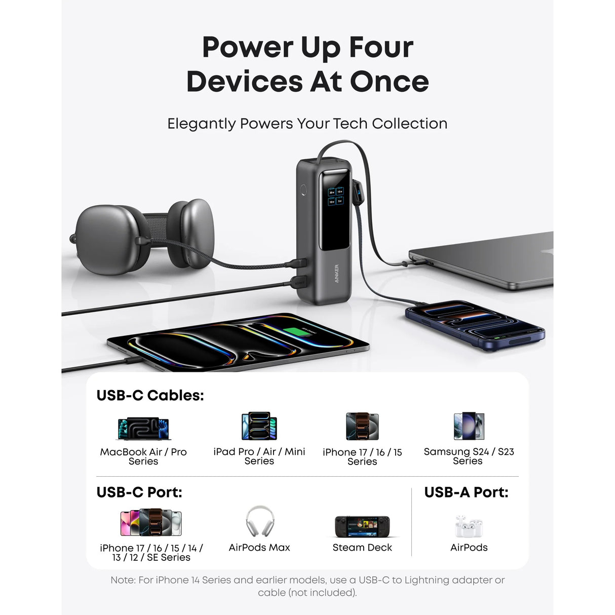 Anker Power Bank 25,000mAh 165W con Cable Integrado y Retráctil