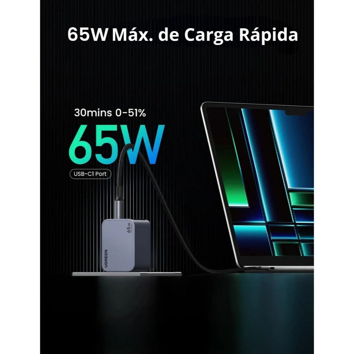 UGREEN 65W Nexode Pro 3 Puertos GaN Cargador Rápido con Cable USB-C 1.5 Metros