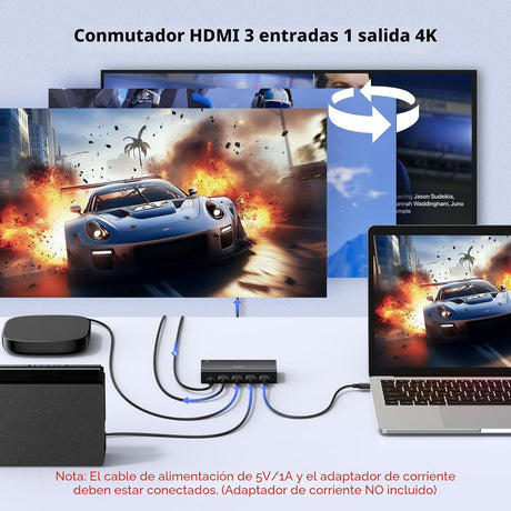 Conmutador HDMI 3 entradas 1 salida 4K