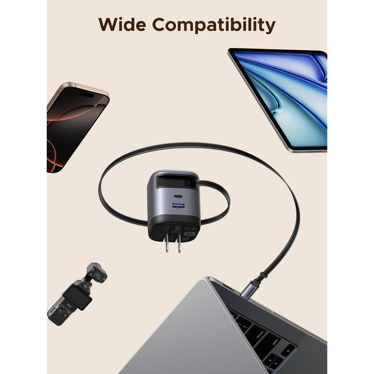 UGREEN Nexode 65W GaN Cargador con Cable USB-C Retráctil y 2 Puertos