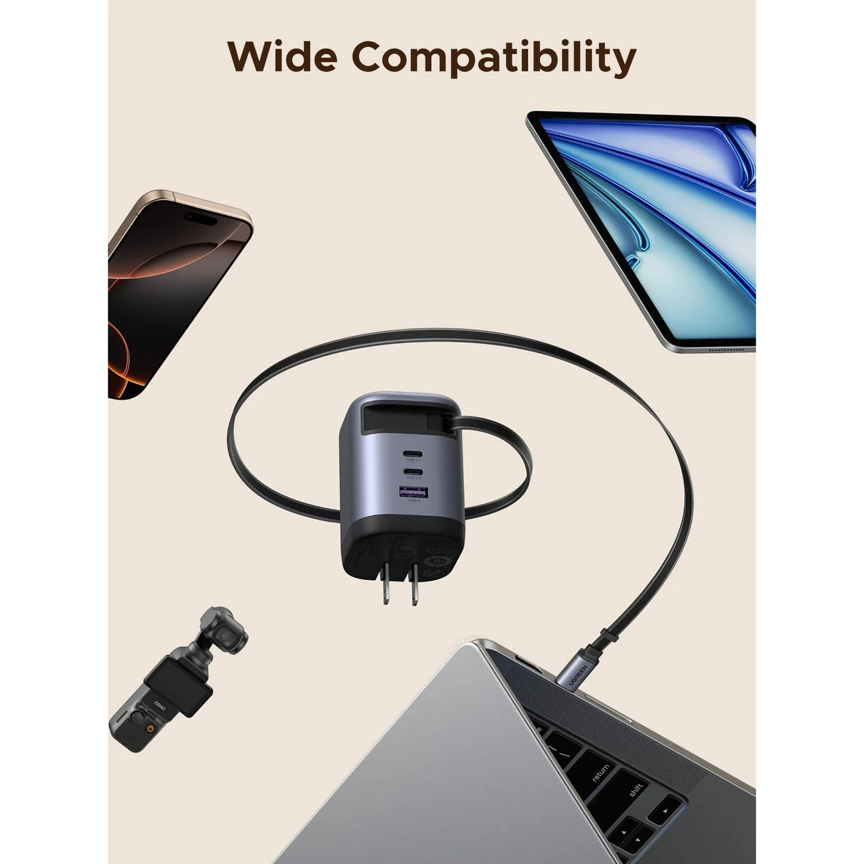 UGREEN Nexode 100W GaN Cargador con Cable USB-C Retráctil y 3 Puertos