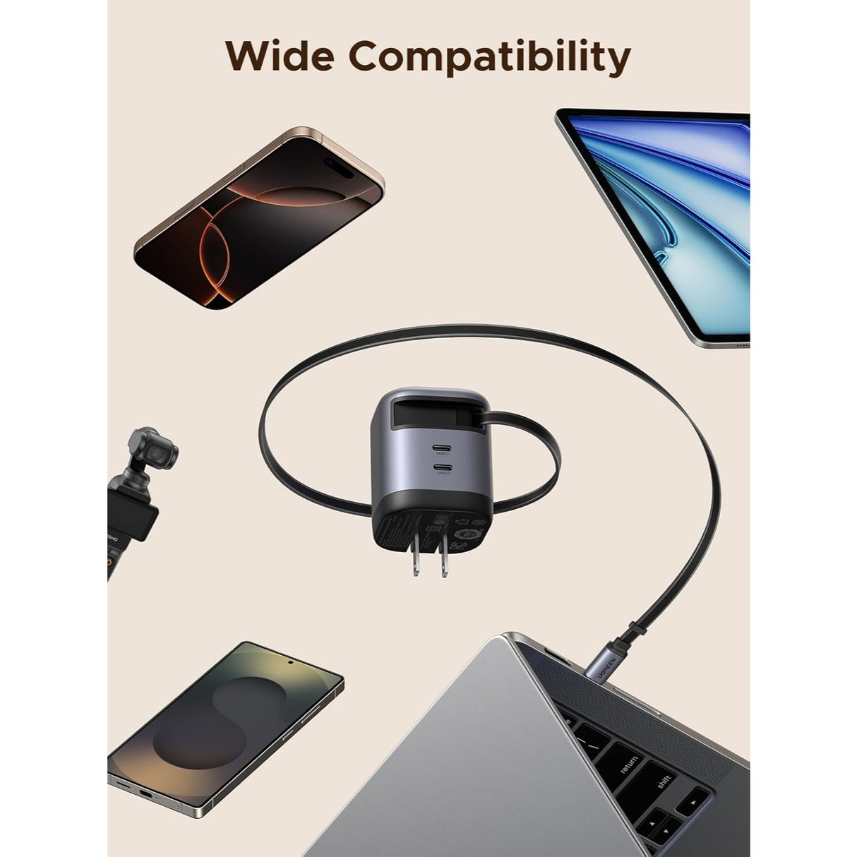 UGREEN Nexode 45W GaN Cargador con Cable USB-C Retráctil y 2 Puertos