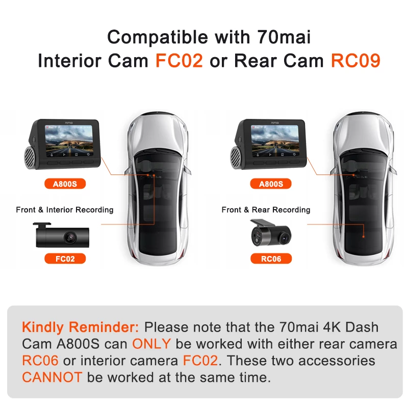 70mai Dash Cam 4K A800S Grabación Dual para Carro WiFi ADAS + Cámara Trasera RC06 + 128GB MicroSD