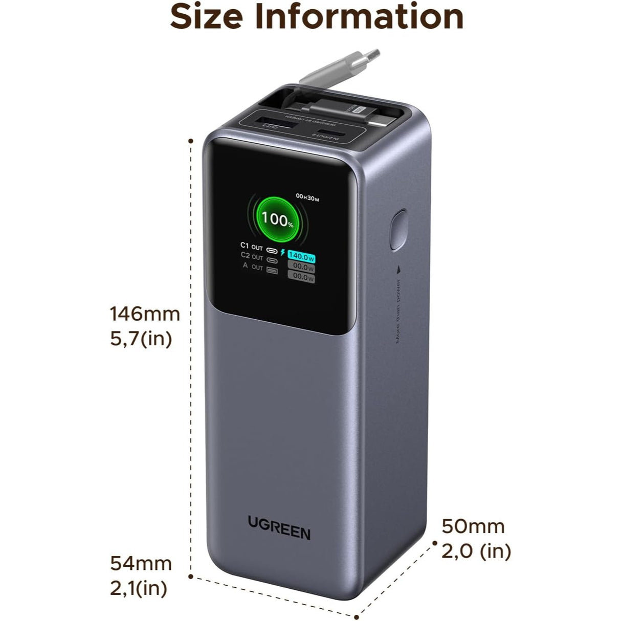UGREEN Nexode Power Bank 20000mAh 165W con Cable USB-C Retráctil